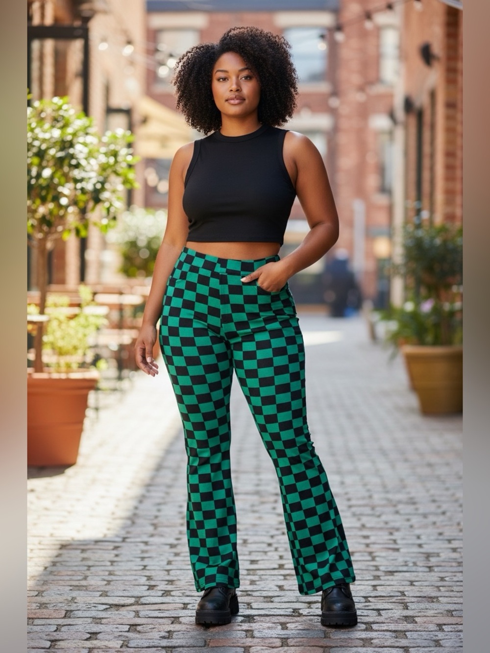 🫶🏻 Zoe + Liv Women’s Green Checkered High-Rise Pants